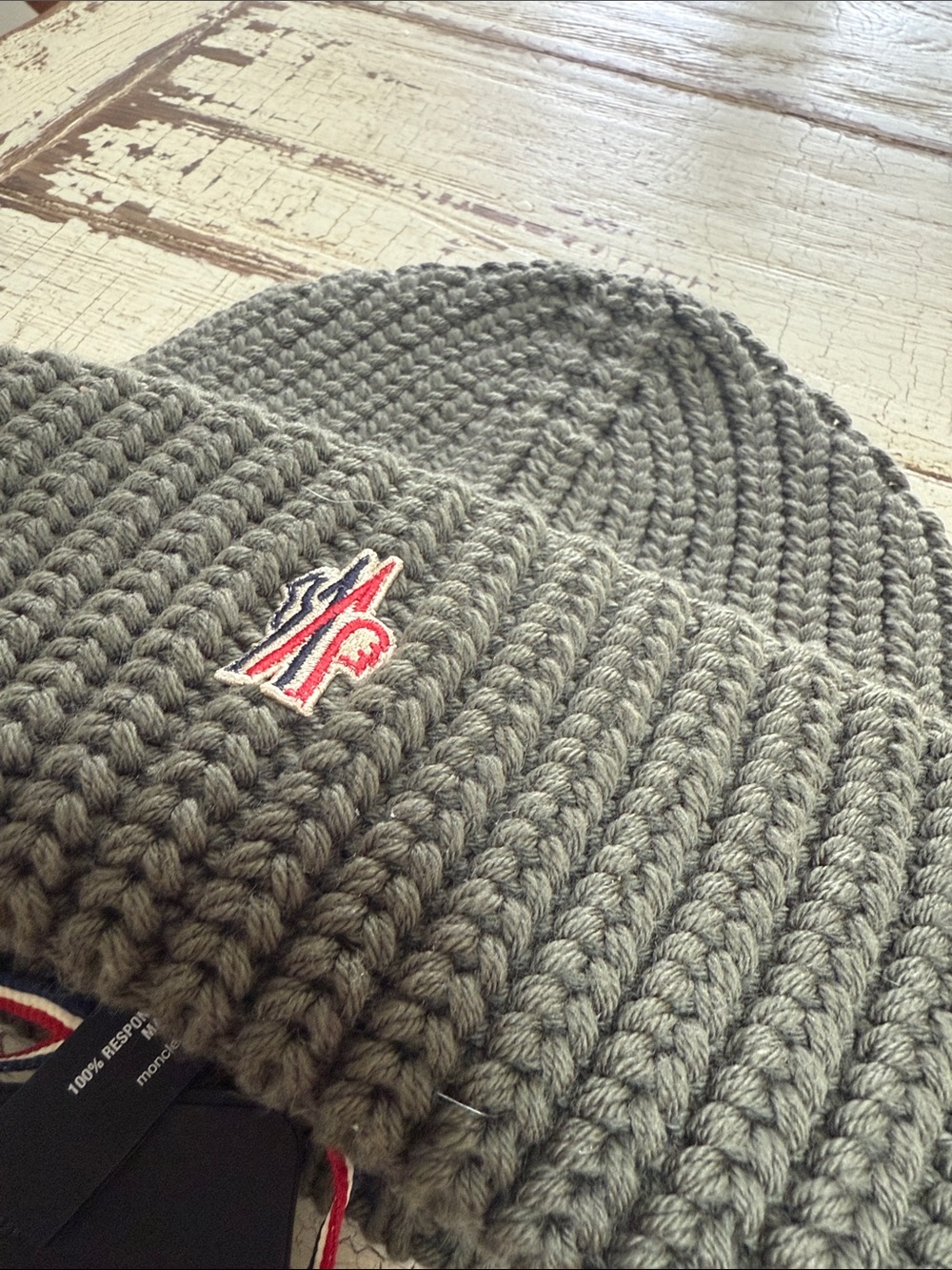 Moncler Olive Ribbed Knit Beanie with Tricolor Logo - Picture 2 of 3